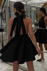 Sleeveless Halter Back Bow Backless A-Line Mini Dresses-Black